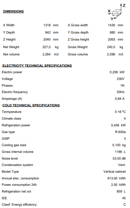 Origin -Spain: GN 2/1 Upright Fridge with 2 doors