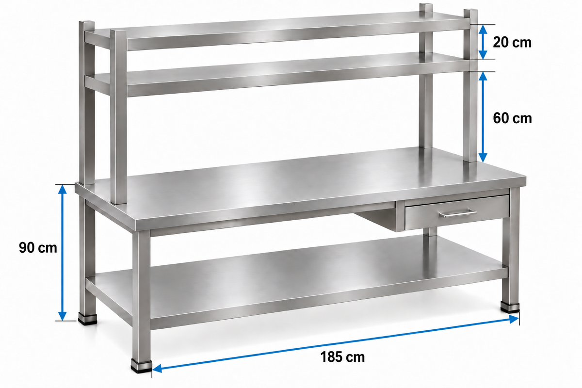 Fabricated Stainless Steel Table with 2 Top Shelves - 185 x 60cm
