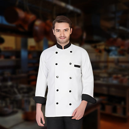 Mila Chef Jacket Contrast -Long Sleeve -White and Black Mila Kitchen Tel:0592031234