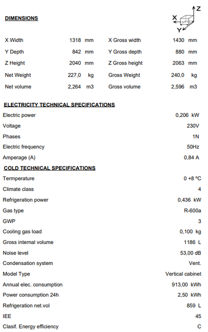 Origin -Spain: GN 2/1 Upright Fridge with 2 doors