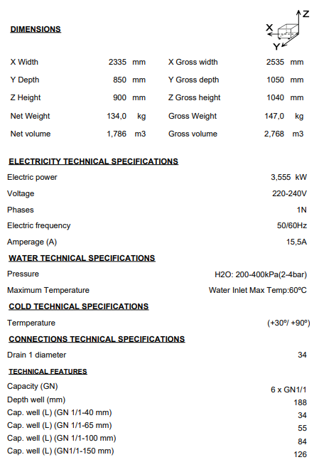 Origin -Spain: 6 GN 1/1 Capacity Wet Bain-Marie hot element, Open / Neutral reserve SBM-SR-6 230V 1N 50/60 Hz.