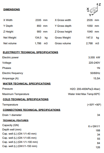 Origin -Spain: 6 GN 1/1 Capacity Wet Bain-Marie hot element, Open / Neutral reserve SBM-SR-6 230V 1N 50/60 Hz.