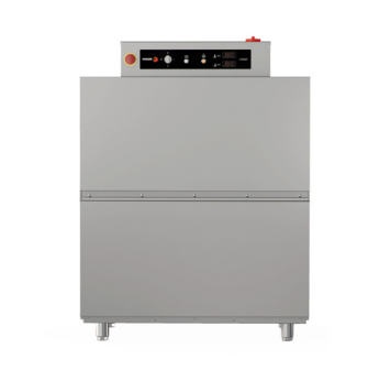 Origin -Spain: Compact Rack Conveyor 120 racks/hour with entrance from the left for hot water