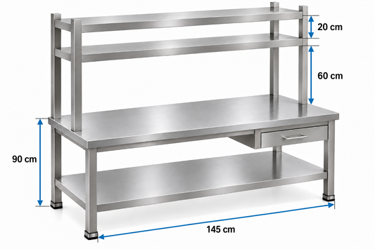 Fabricated Stainless Steel Table with 2 Top Shelves - 145 x 60cm